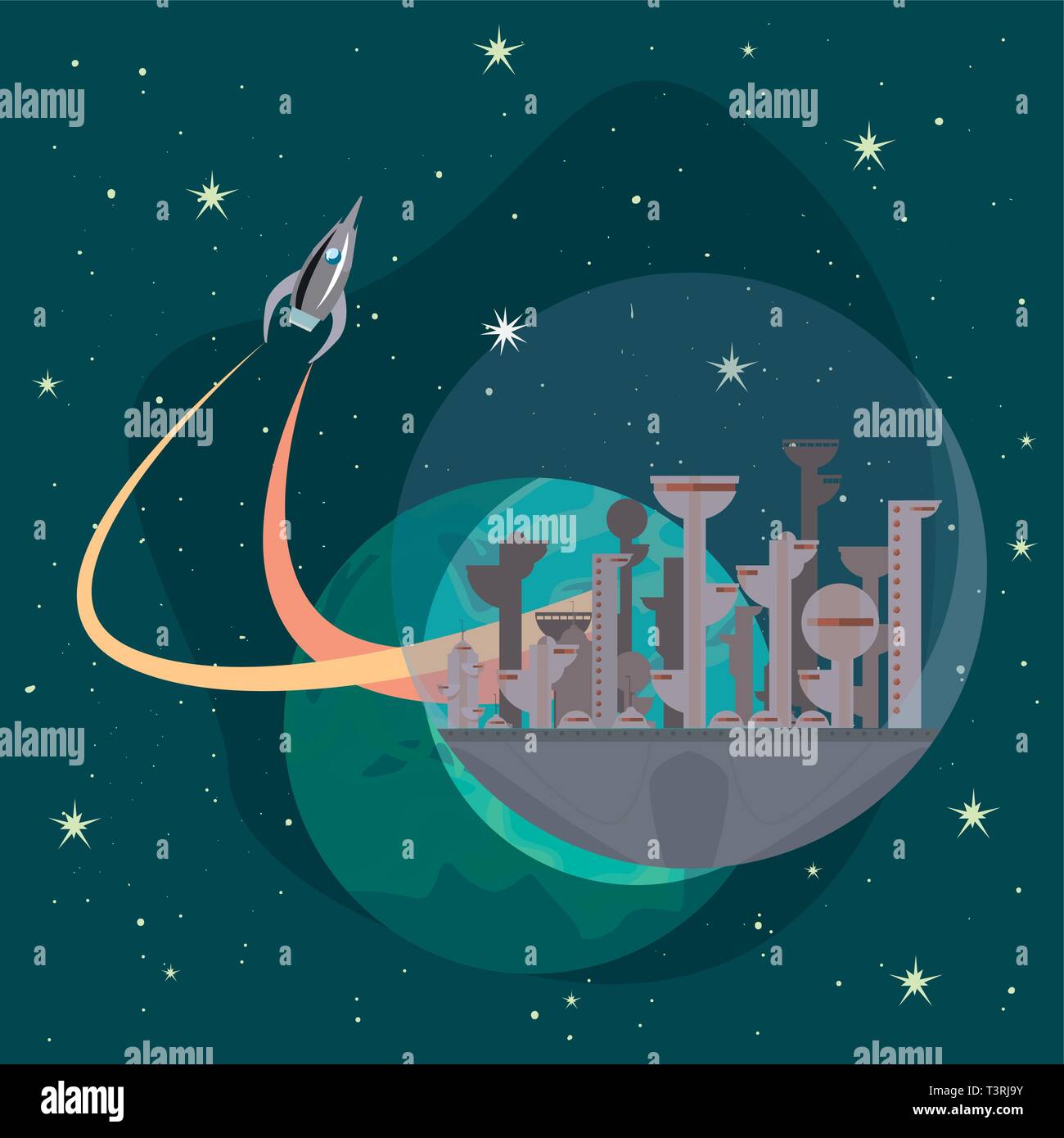 rocket spaceship futire city stars galaxy vector illustration Stock ...