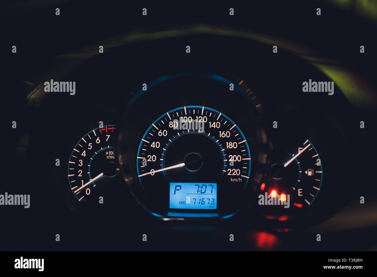 Close up shot of a speedometer in a car. Stock Photo