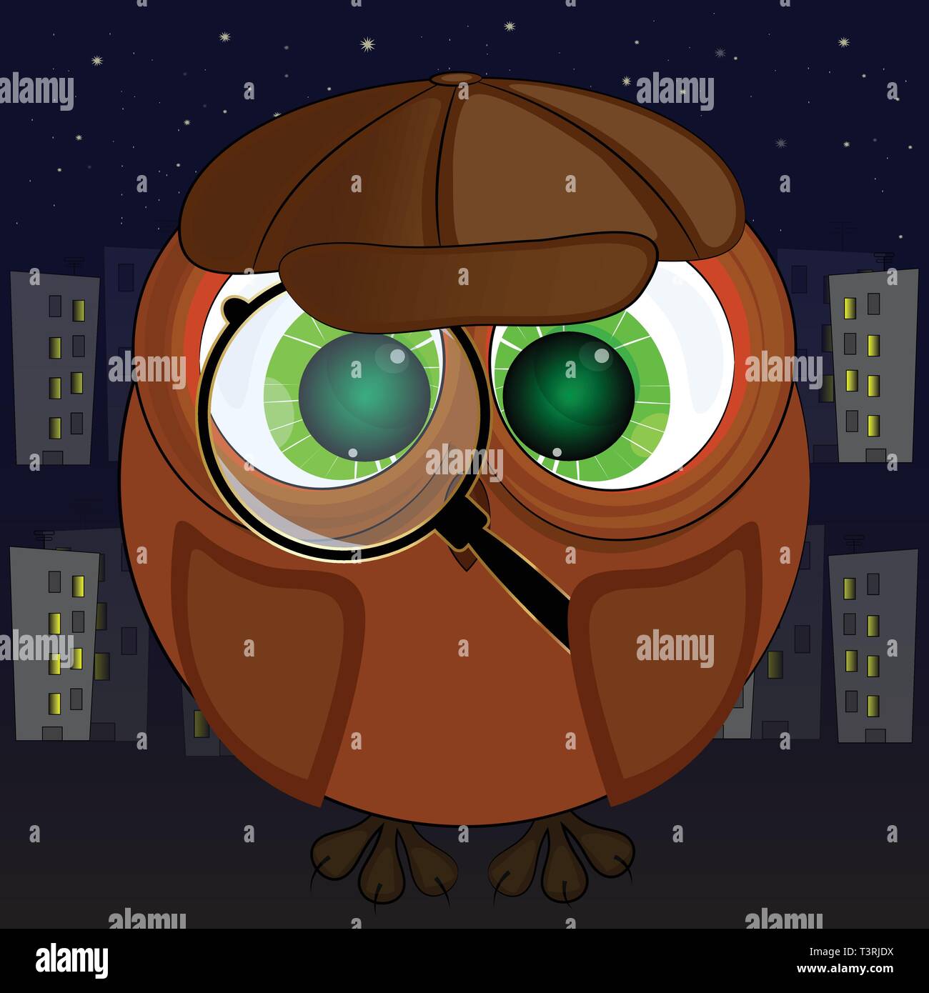 owl detective with a magnifying glass. vector cartoon illustration. Stock Vector
