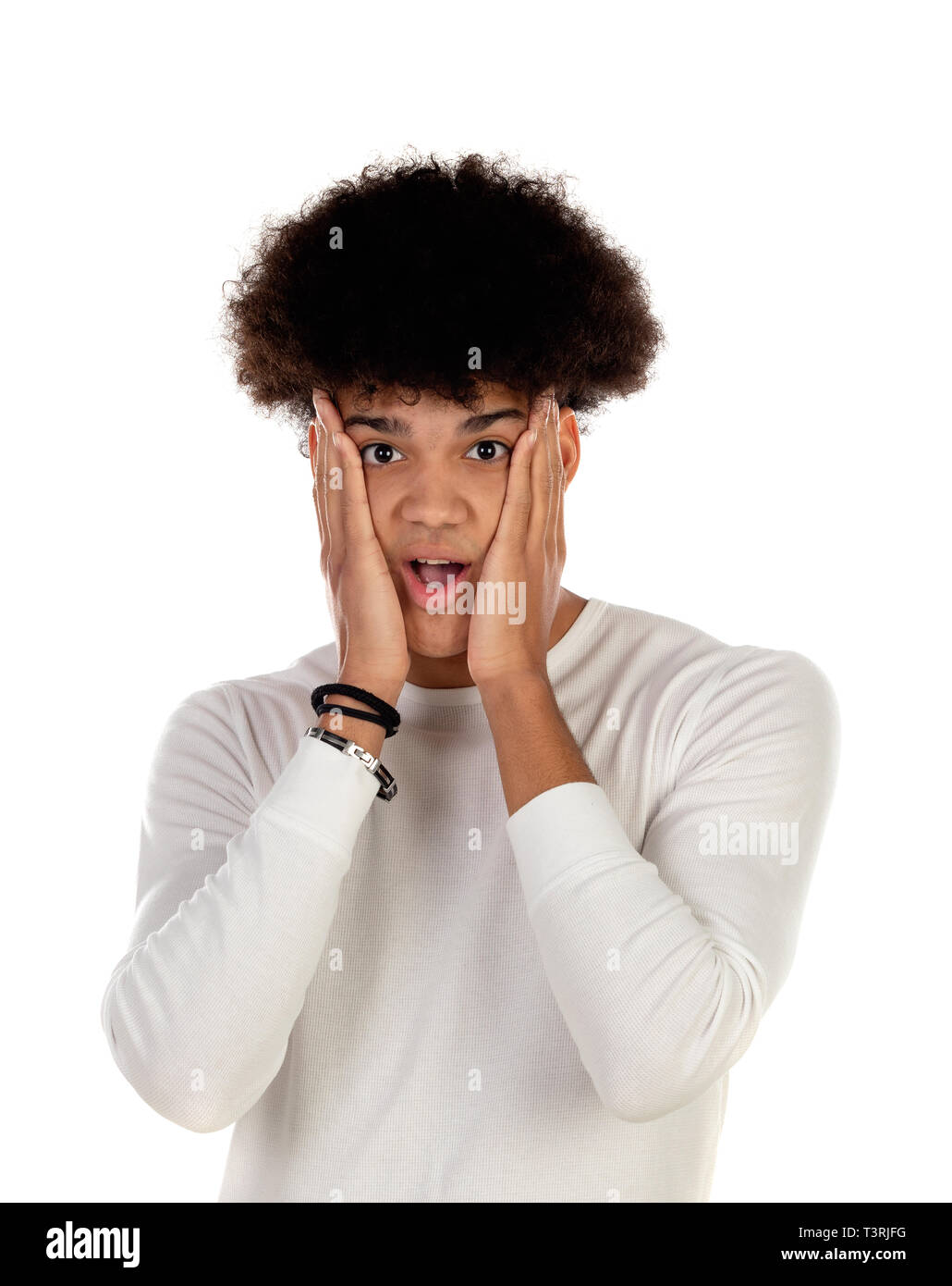 surprised guy with afro hairstyle isolated on a white