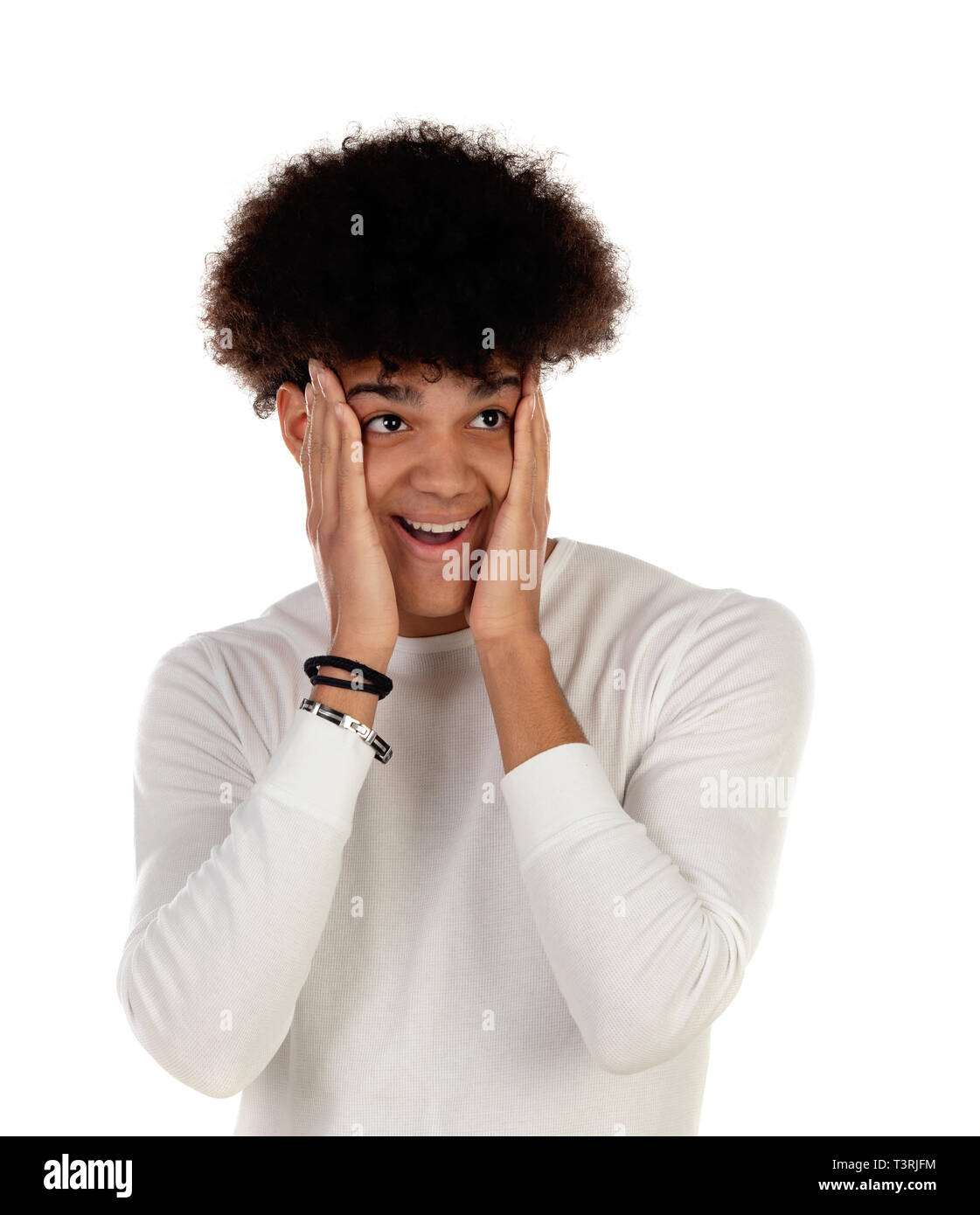 Surprised Guy With Afro Hairstyle Isolated On A White Background