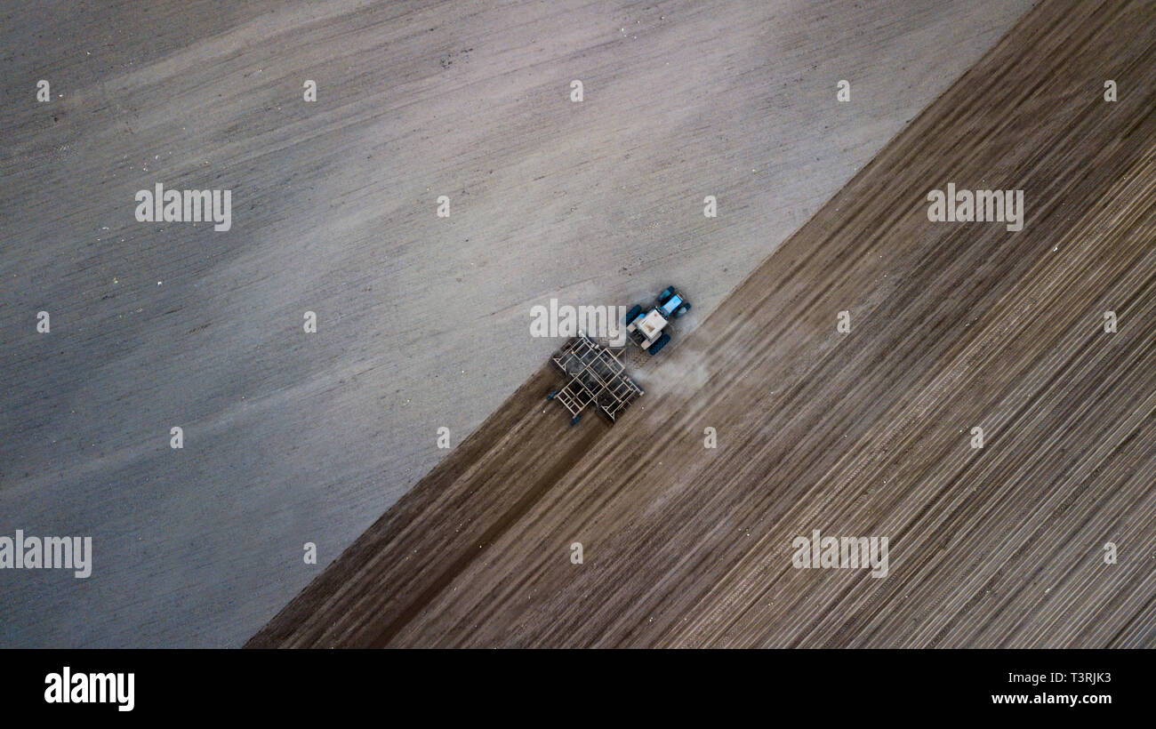 Aerial top view of a tractor, combine harvester plowing agricultural ...