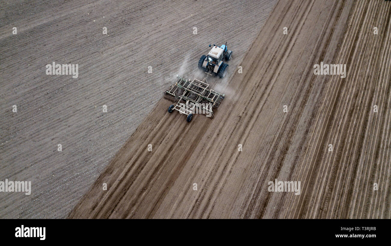 Aerial top view of a tractor, combine harvester plowing agricultural ...