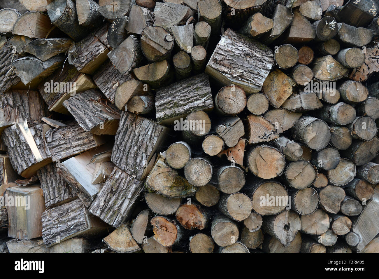 Old chopped firewood stack background and texture Stock Photo