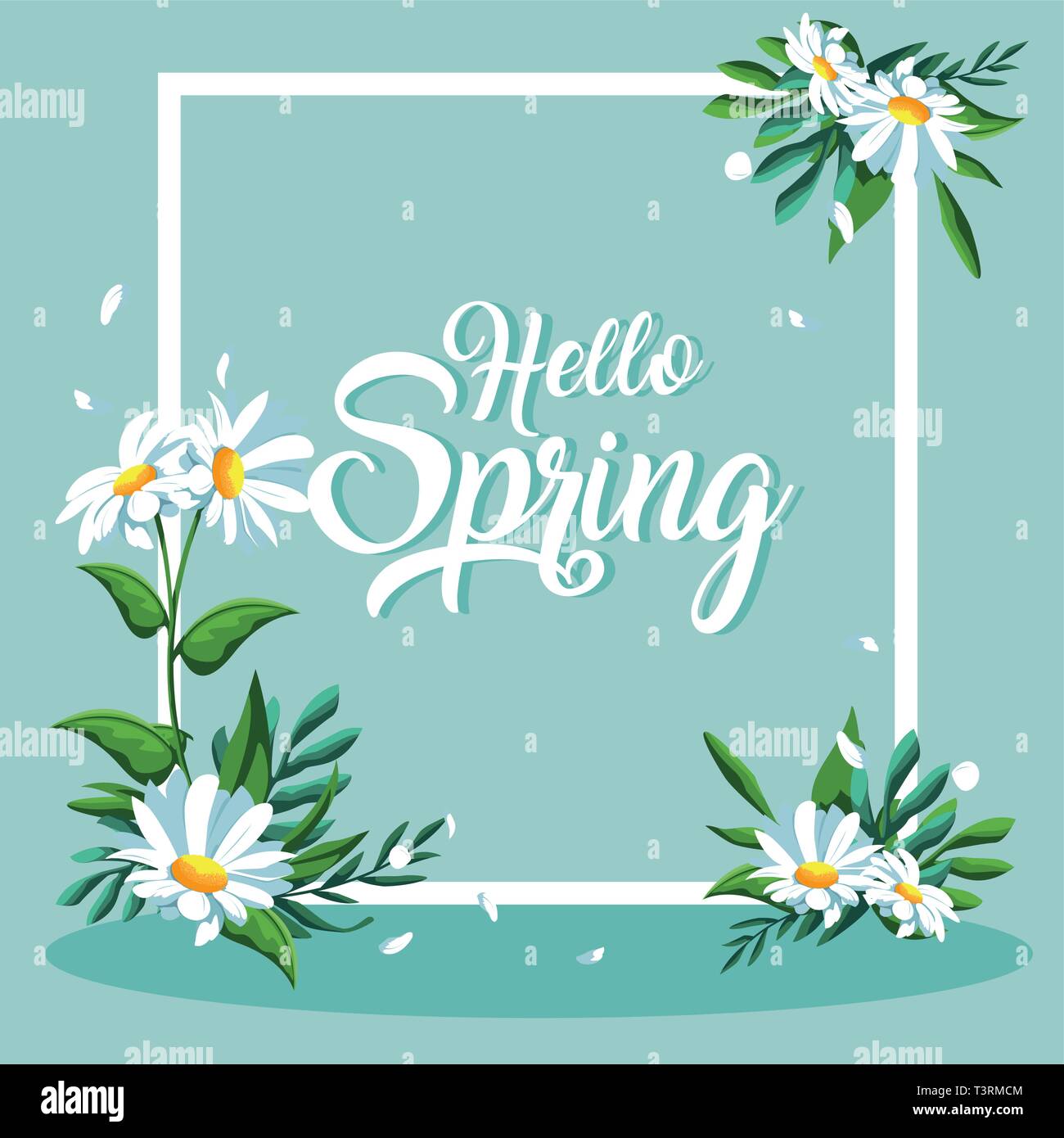 hello spring card with beautiful flowers in frame vector illustration ...