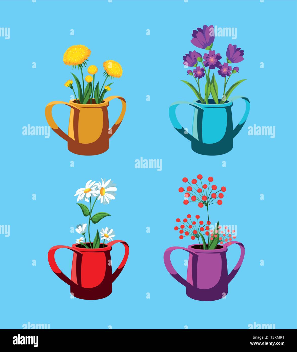 set of beautiful spring flowers in pot vector illustration design Stock ...
