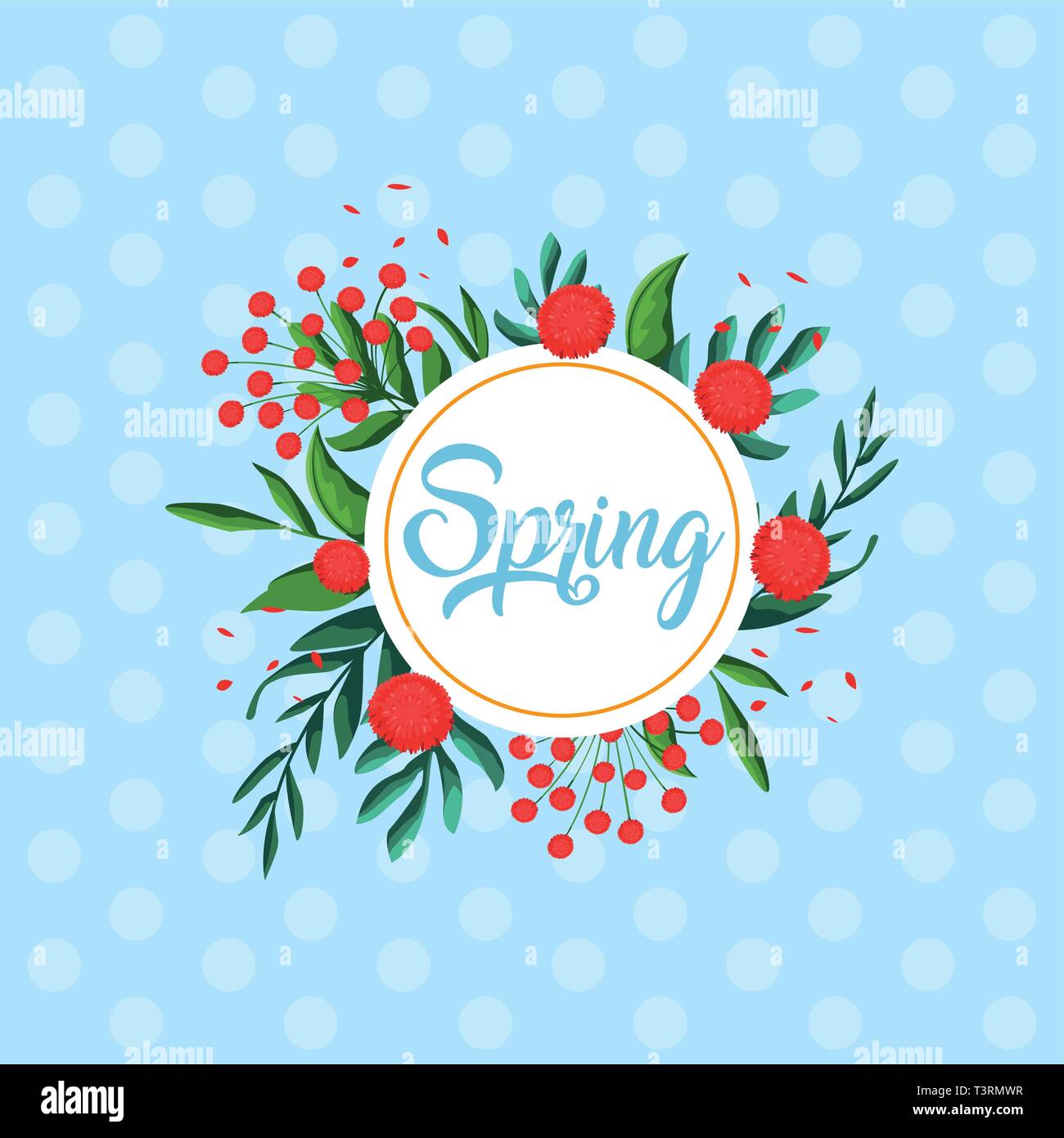 hello spring card with beautiful flowers in frame circular vector ...