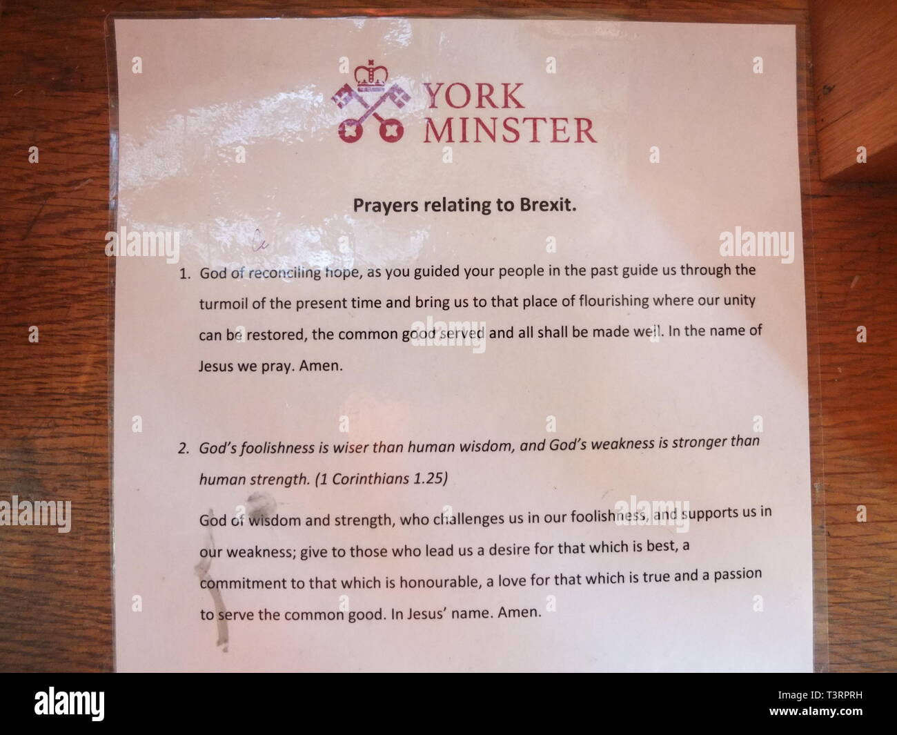 A selection of Prayers relating to Brexit on laminated card issued for visitors to York Minster UK. Brexit and religion. Stock Photo