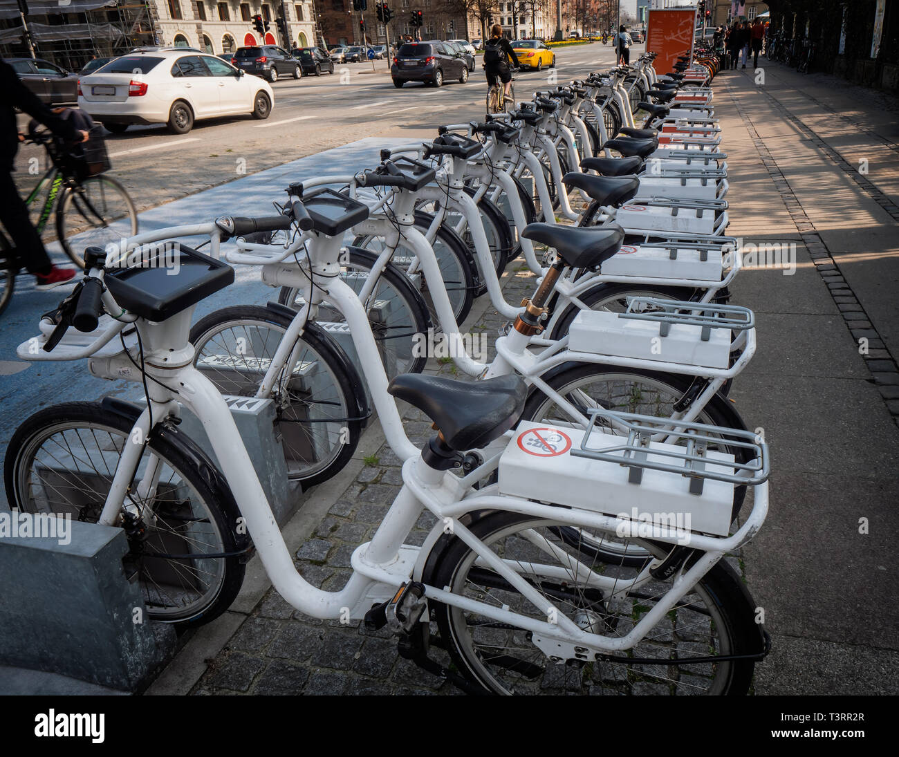 Bicycles for rent parked in central Copenhagen, Denmark Stock Photo