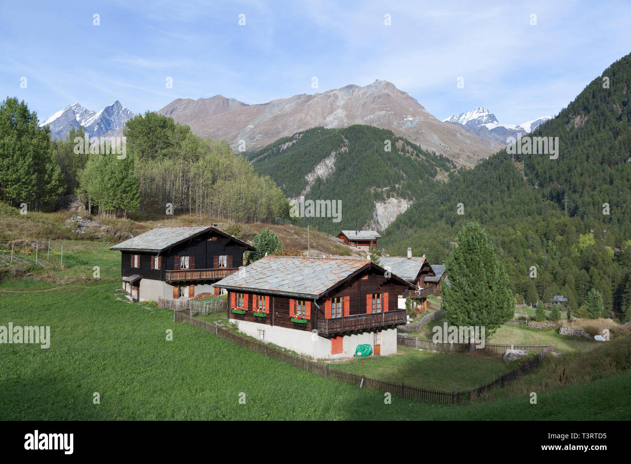 Swiss chalets in Gruben a village on the Haute Route. Stock Photo