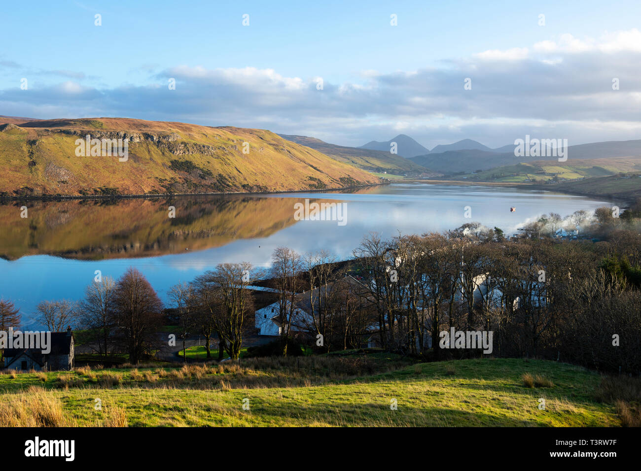 View looking over Carbost to Loch Harport on Isle of Skye, Highland Region, Scotland, UK Stock Photo