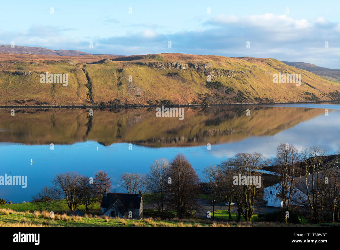 View looking over Carbost to Loch Harport on Isle of Skye, Highland Region, Scotland, UK Stock Photo