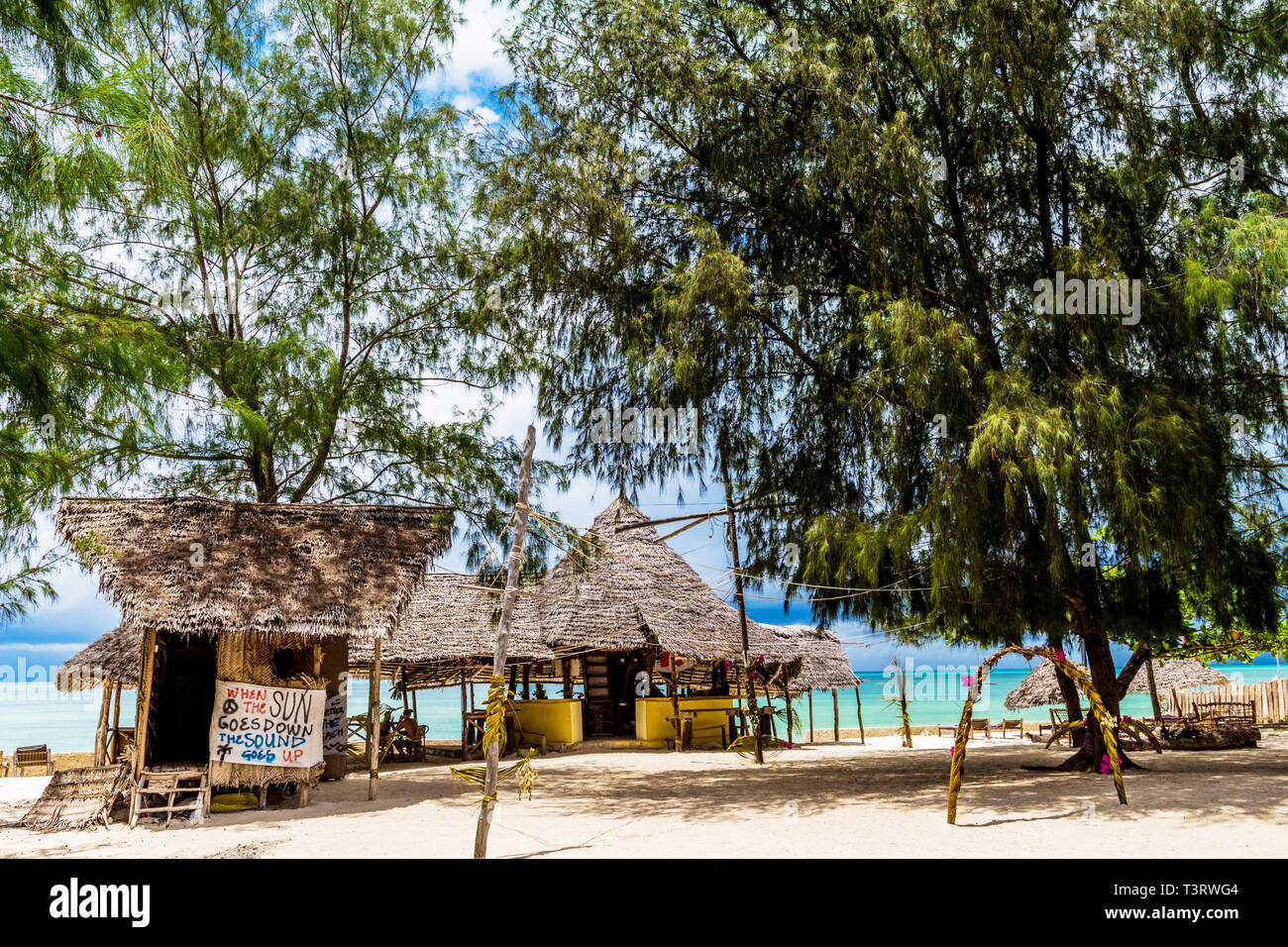 two summer pavilions at the afrikan beach at the sunny day and no people around. Stock Photo