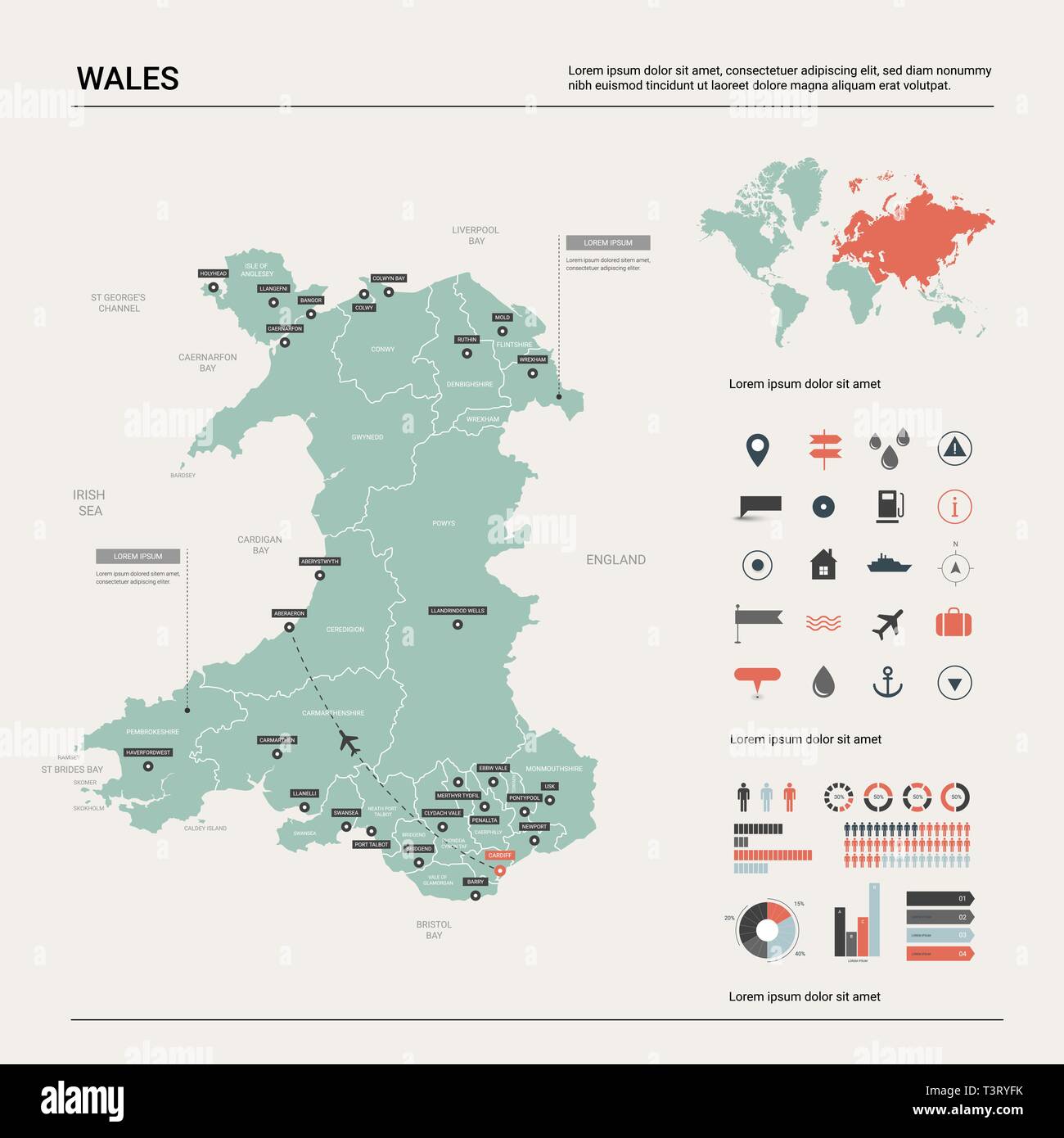 Vector map of Wales. High detailed country map with division ...