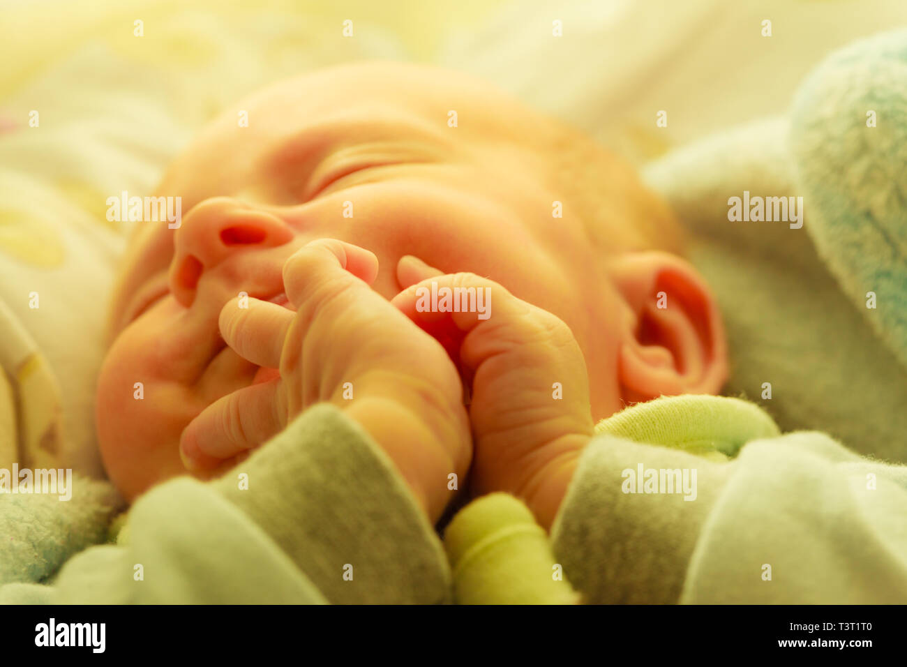 Infant care, beauty of childhood concept. Little newborn baby sleeping