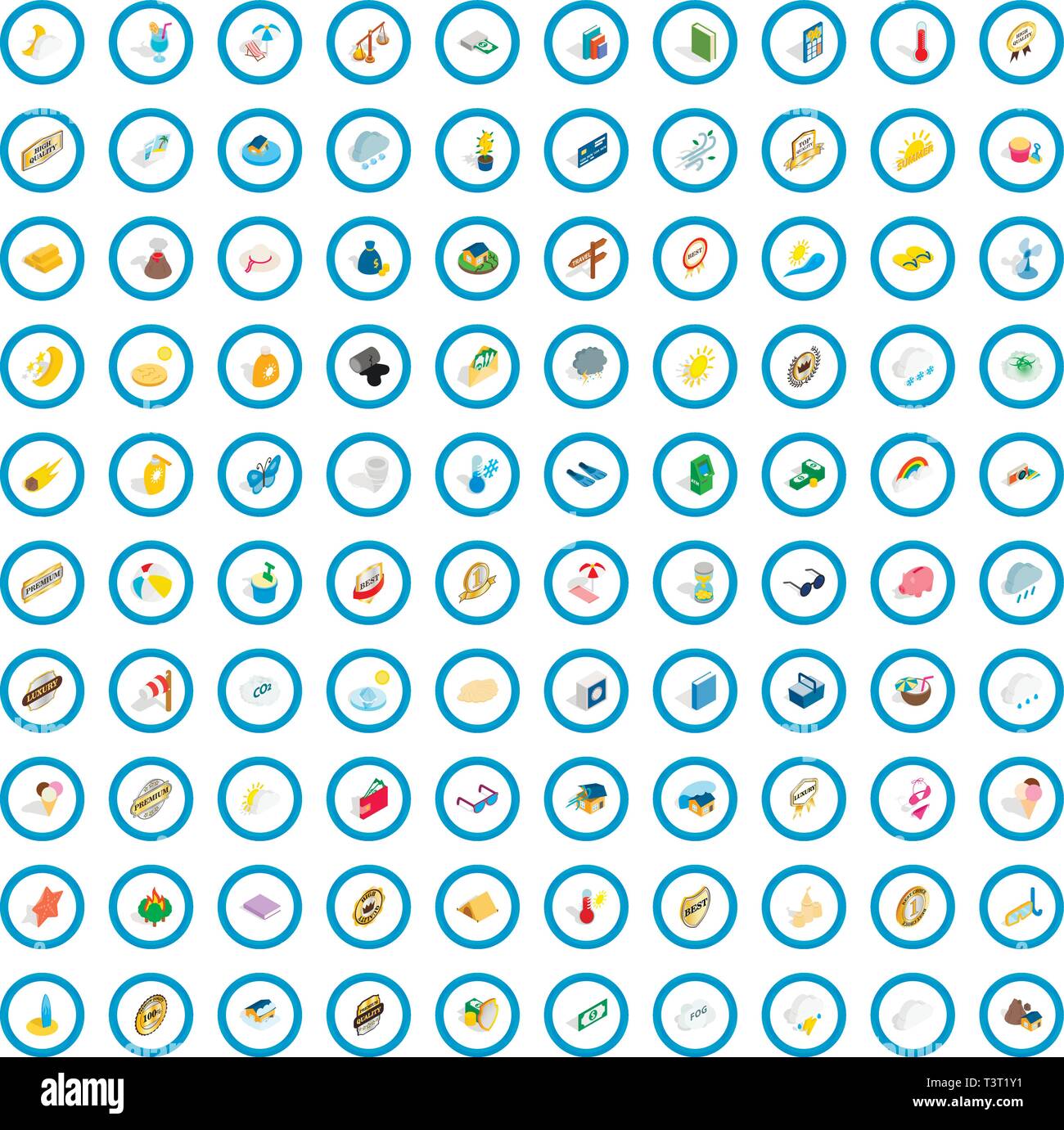 100 solar icons set, isometric 3d style Stock Vector