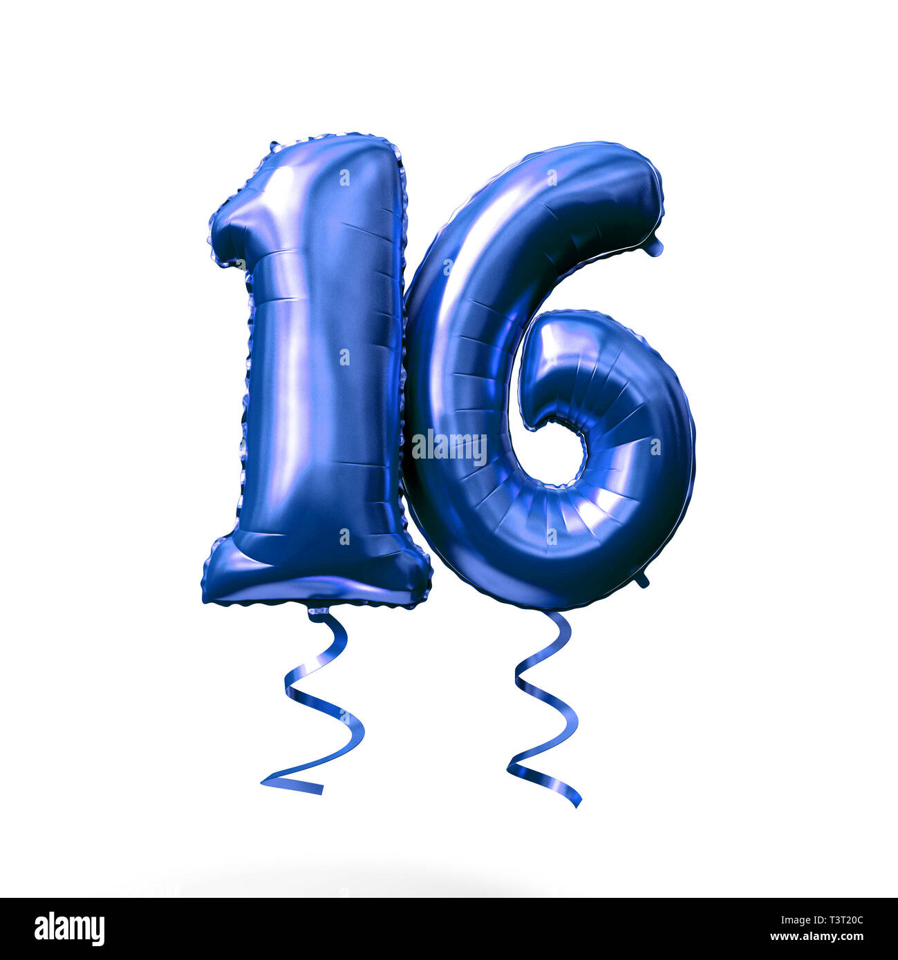 Number 16 blue foil helium balloon isolated on a white background. 3D  Render Stock Photo - Alamy