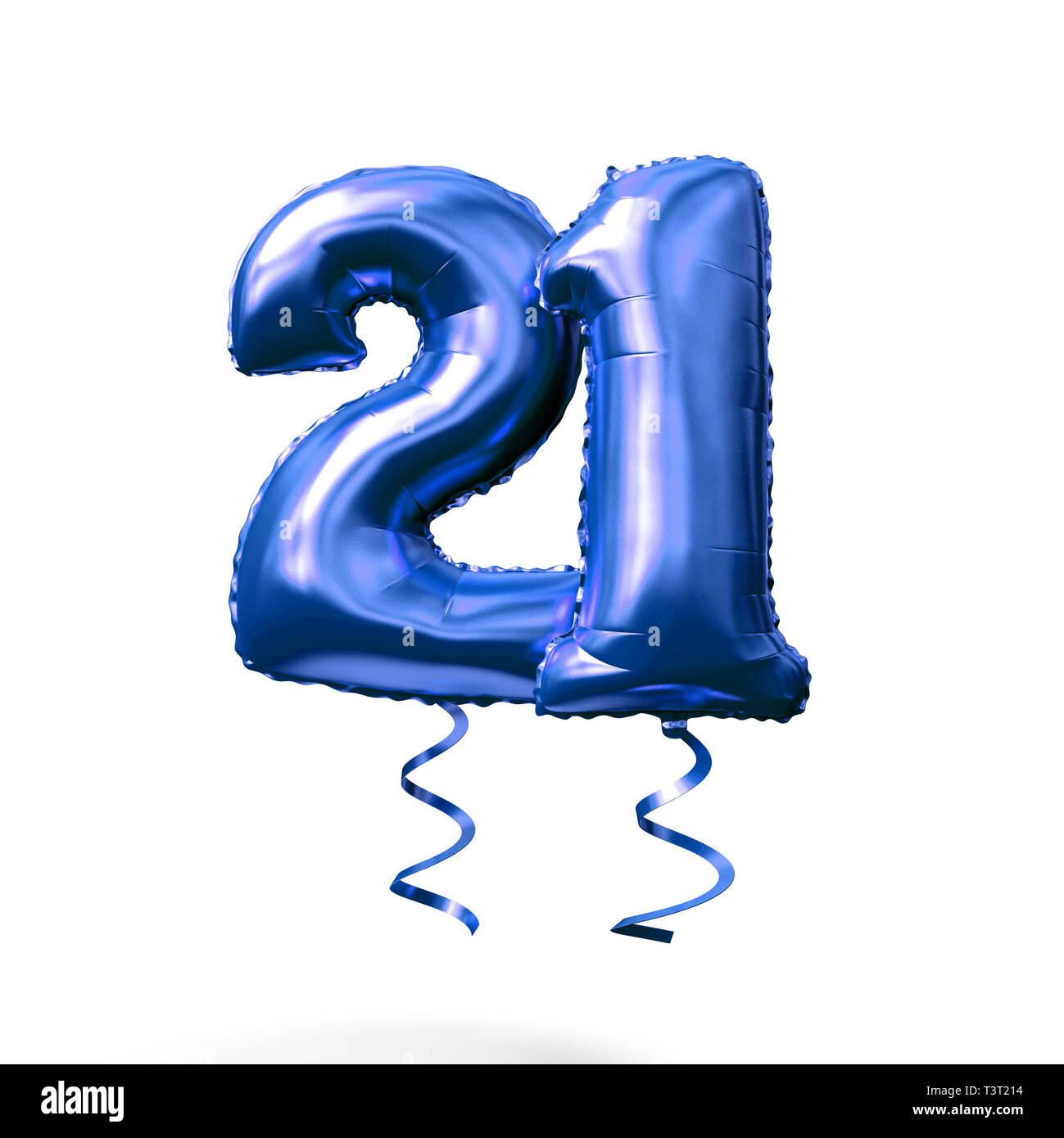Number 21 blue foil helium balloon isolated on a white background. 3D