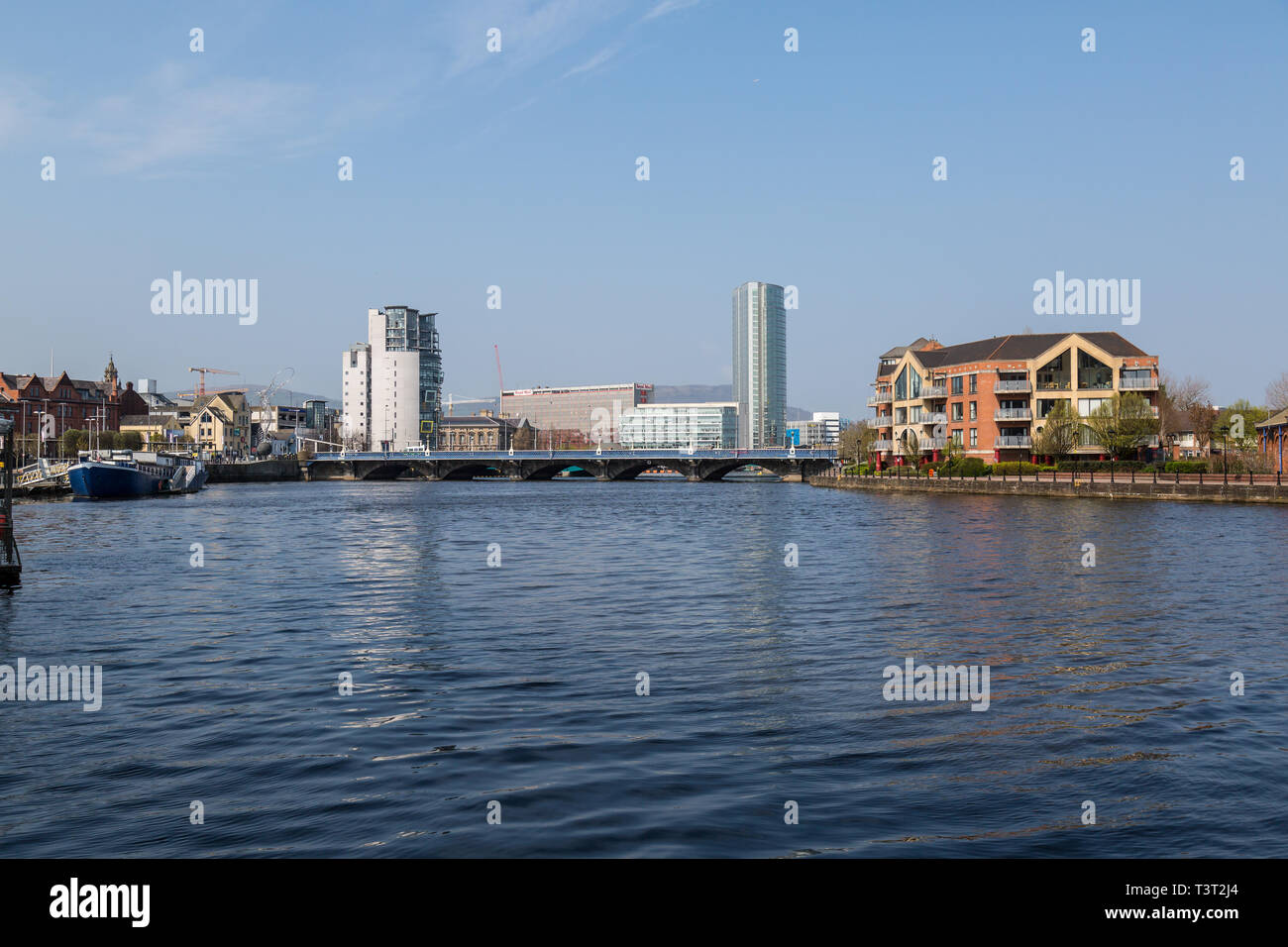 View looking up the River Lagan in Belfast Northern Ireland. Stock Photo