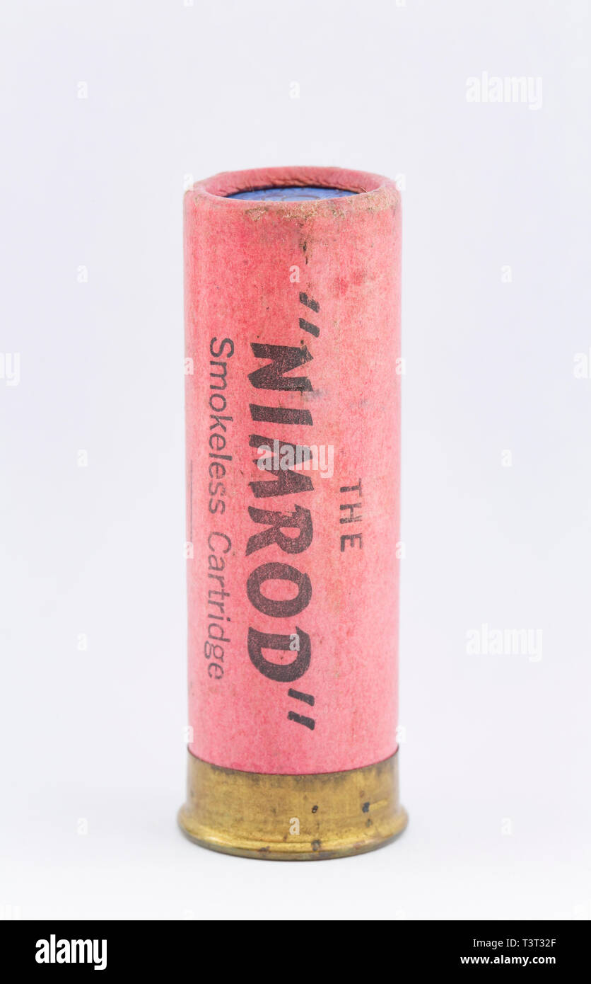 An old paper case 12 gauge shotgun cartridge with a rolled turnover closure loaded with No 6 lead shot pellets. It has ‘The Nimrod’ printed on the sid Stock Photo