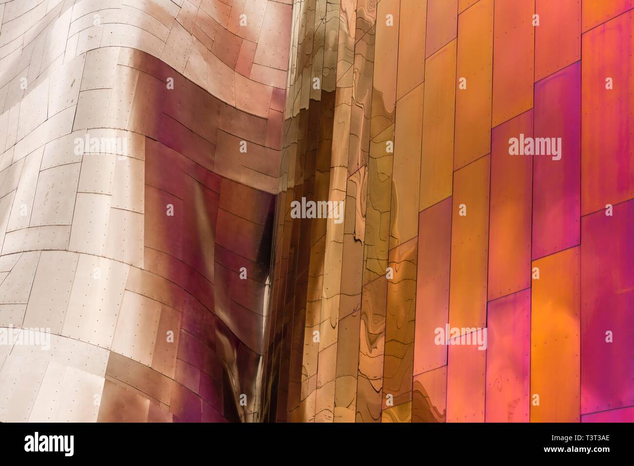 Colored reflective exterior facade of the Museum of Pop Culture, MoPOP, detail, architect Frank Gehry, Seattle, Washington, USA Stock Photo