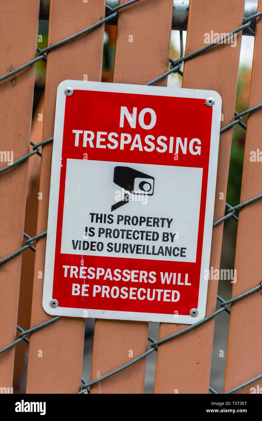 Sign No Trespassing, Video surveillance, No access, Washington, USA