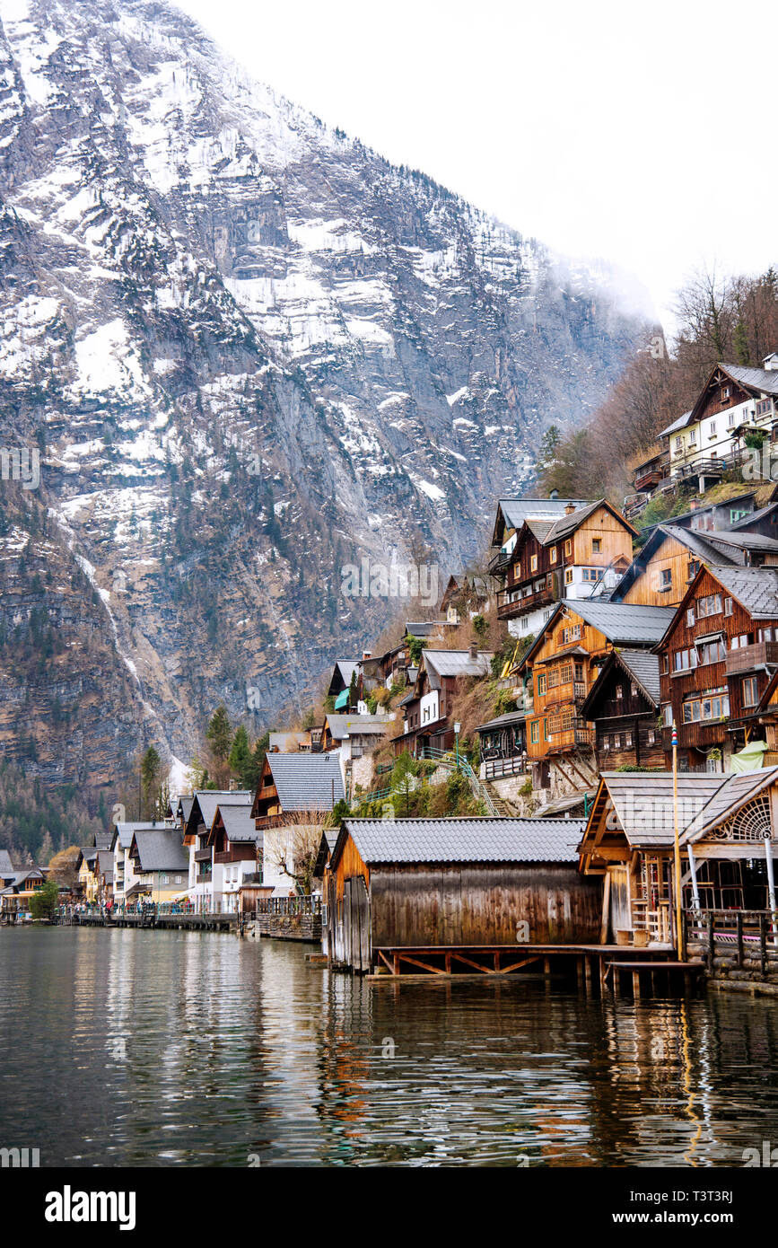 Houses on a Lake in the Mountains - Hallstatt, Austria Stock Photo