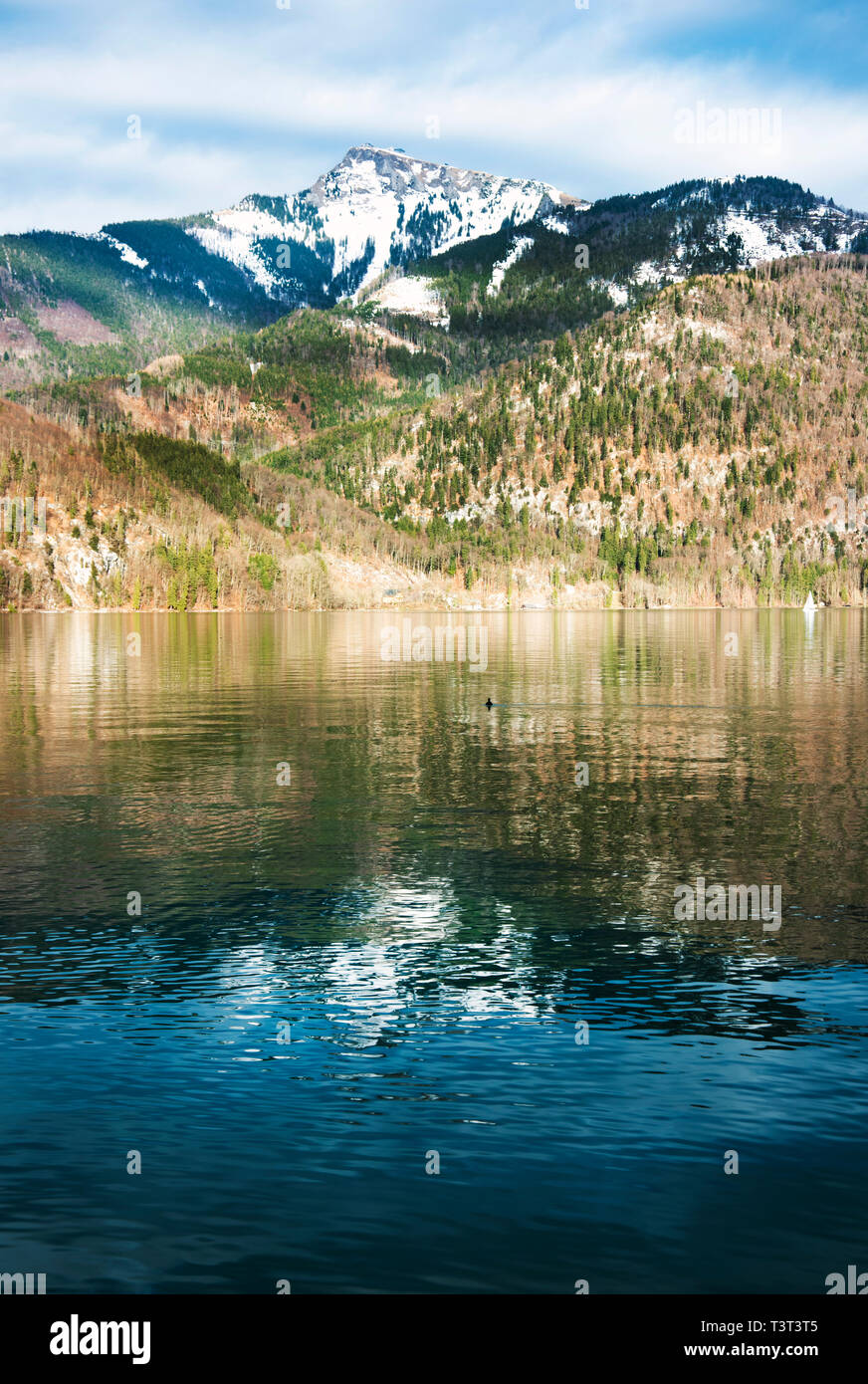 Reflections of a Mountain in Lake Wolfgang, Saint Gilgen, Austria Stock Photo