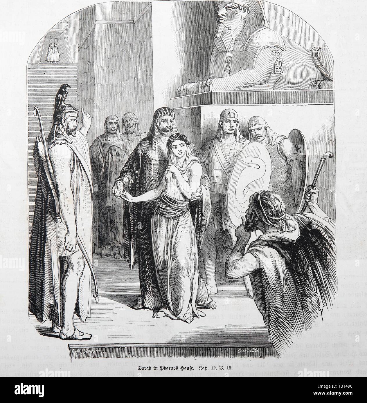 Sarah in Pharaoh's House, Historical Illustration in an Old Bible, from 1886, Old Testament