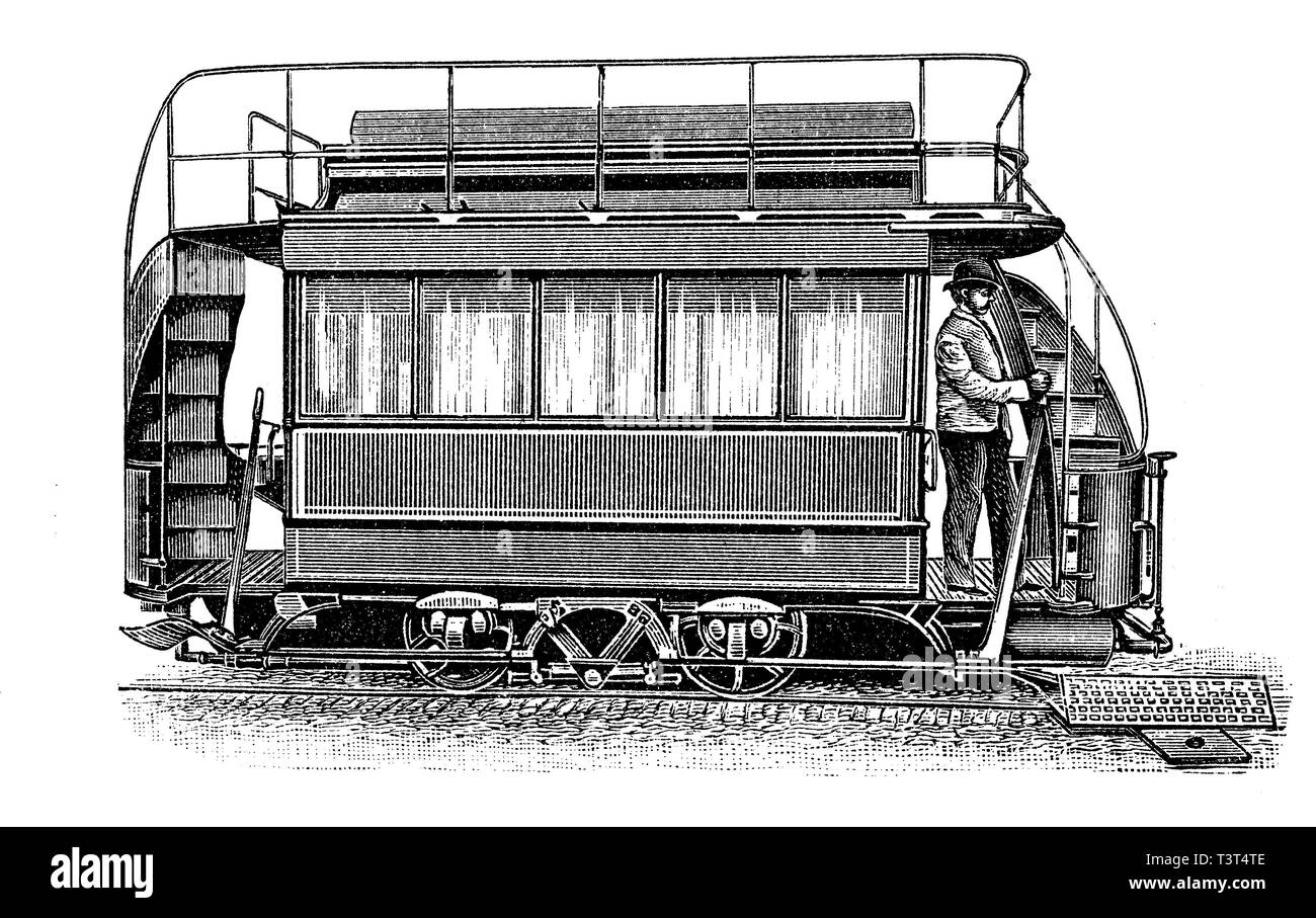 Historic tram, a pneumatic motor, air motor, or compressed air engine, compressed air tram at the filling station, 1880, historical woodcut, England Stock Photo