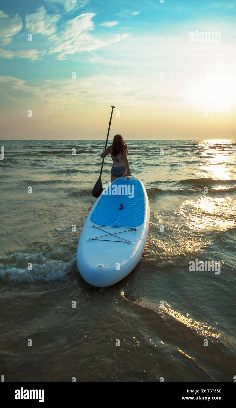 Woman pulling paddleboard in lake Stock Photo