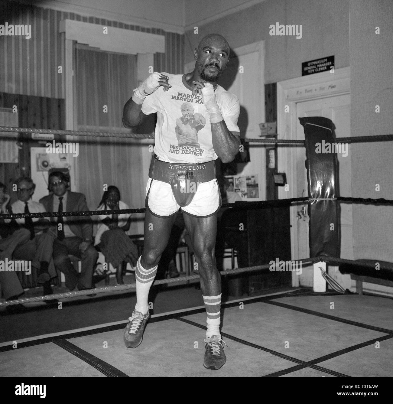 American Marvin Hagler, of Boston, shaping up at Freddie Hill's gym in London as he prepares to challenge Britain's Alan Winter for his World Middleweight crown at Wembley on Saturday, September 27th. Stock Photo