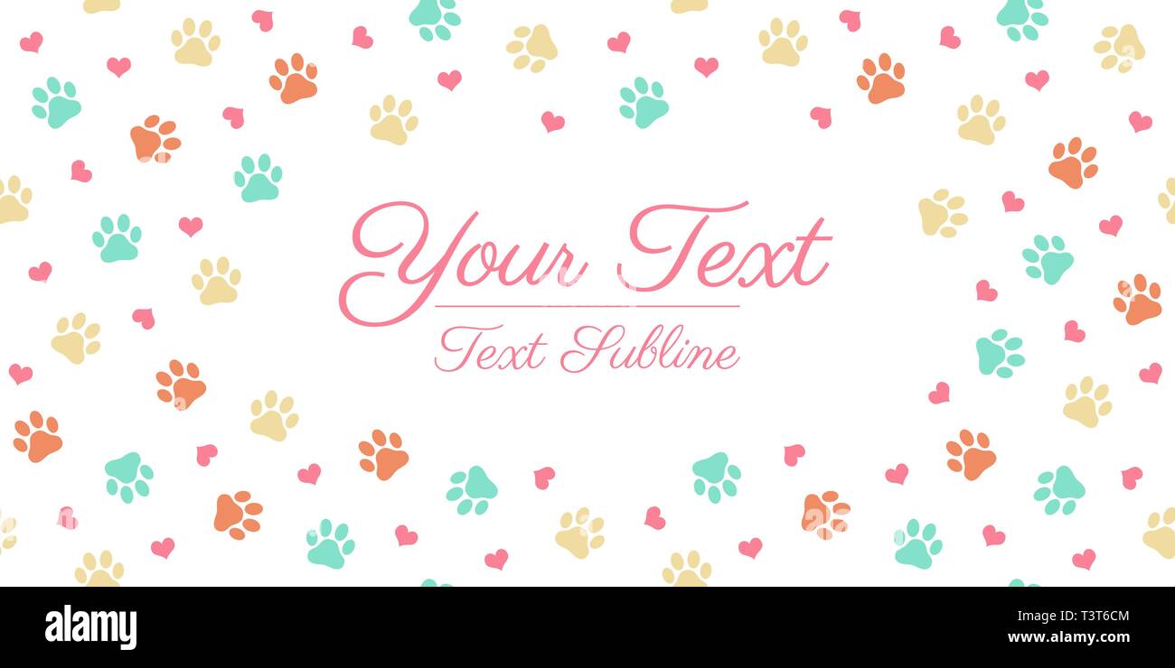 Colorful cat or dog paw print greeting card layout with hearts Stock Vector