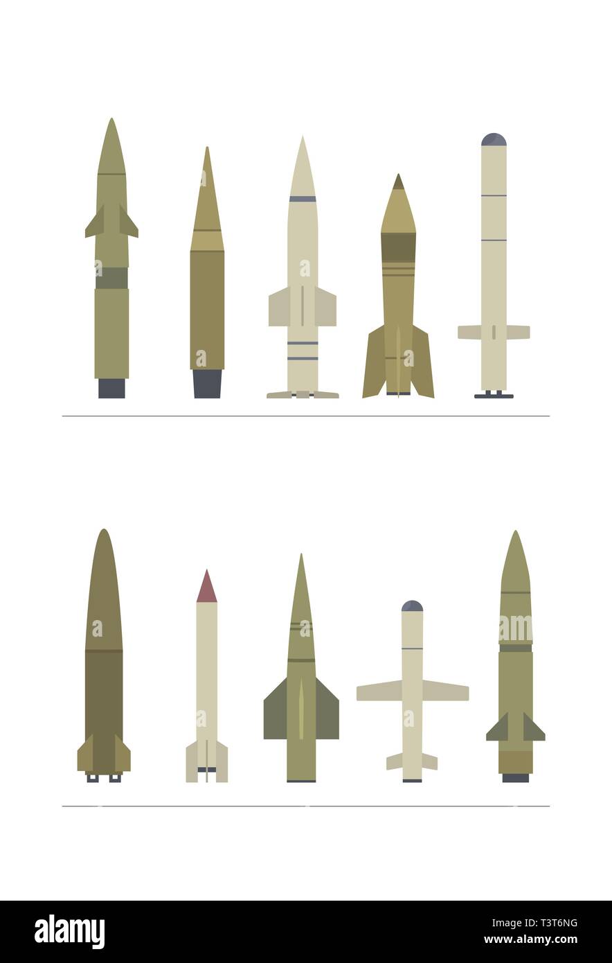 Set of military Missile on white background different forms and colors it is a powerful and terrible weapon. cruise and ballistic missiles. Stock Vector