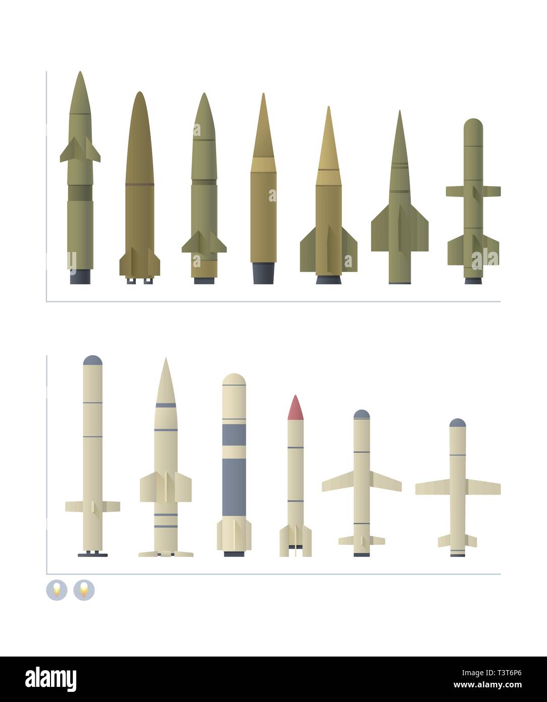 Set of military Missile is isolated on a white background. The set has different forms and colors of the cruise and ballistic missiles. Stock Vector