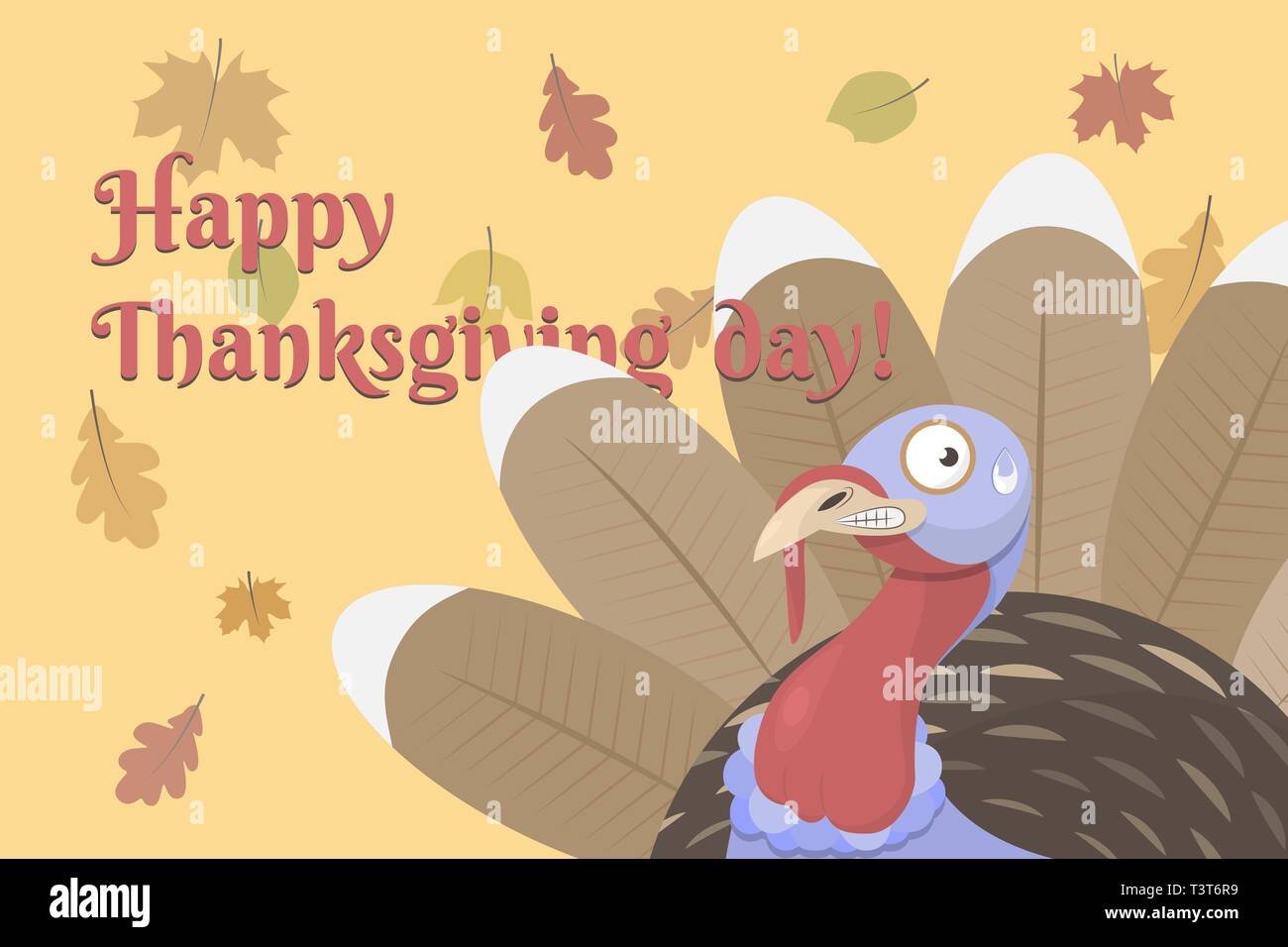 Flat vector illustration of happy thanksgiving day it shows a cute frightened cartoon turkey and autumn leaves. The bird has brown, red, blue. Stock Vector