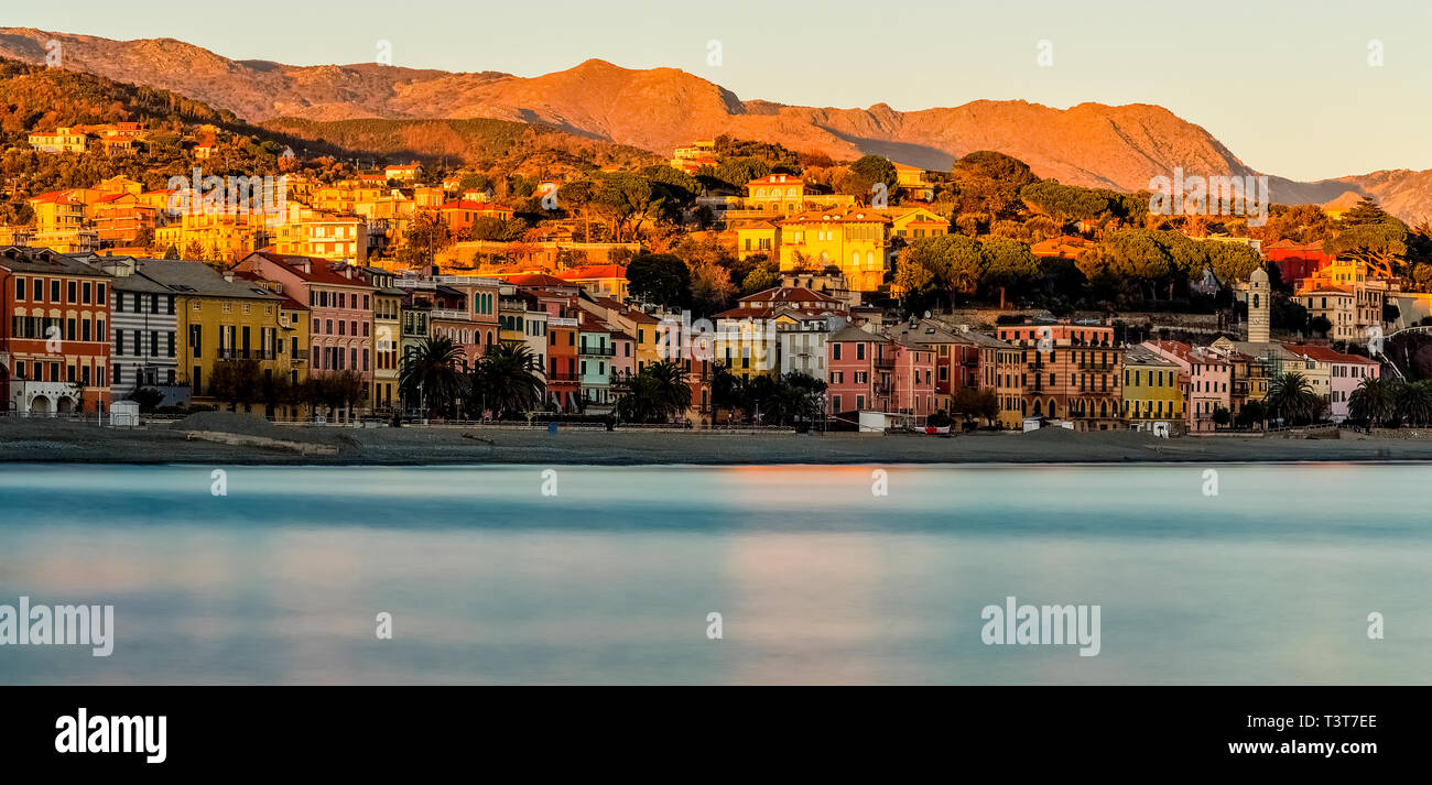 Celle Ligure splendid town in the province of Savona, on the western Ligurian Riviera overlooking the beaches directly on the sea dominated by the Apennine peak of the Beigua Park Stock Photo