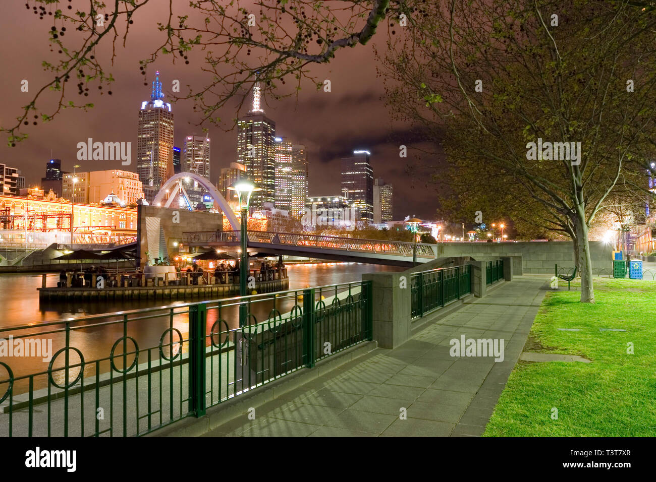 A night view of Melbourne city looking over the Yarra River from Southbank. Stock Photo