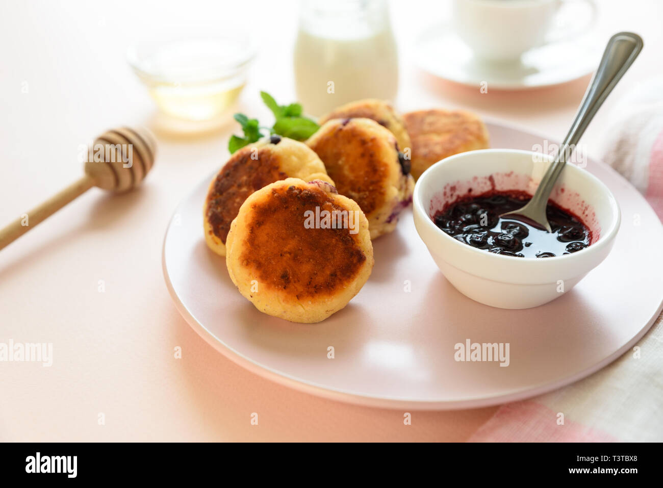 Cottage Cheese Pancakes With Blueberry Honey Jam And Coffee