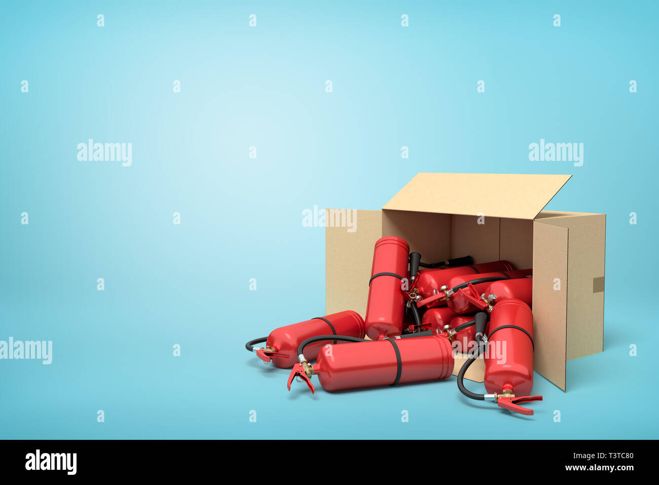 3d rendering of cardboard box lying sidelong full of red fire extinguishers on blue background. Stock Photo