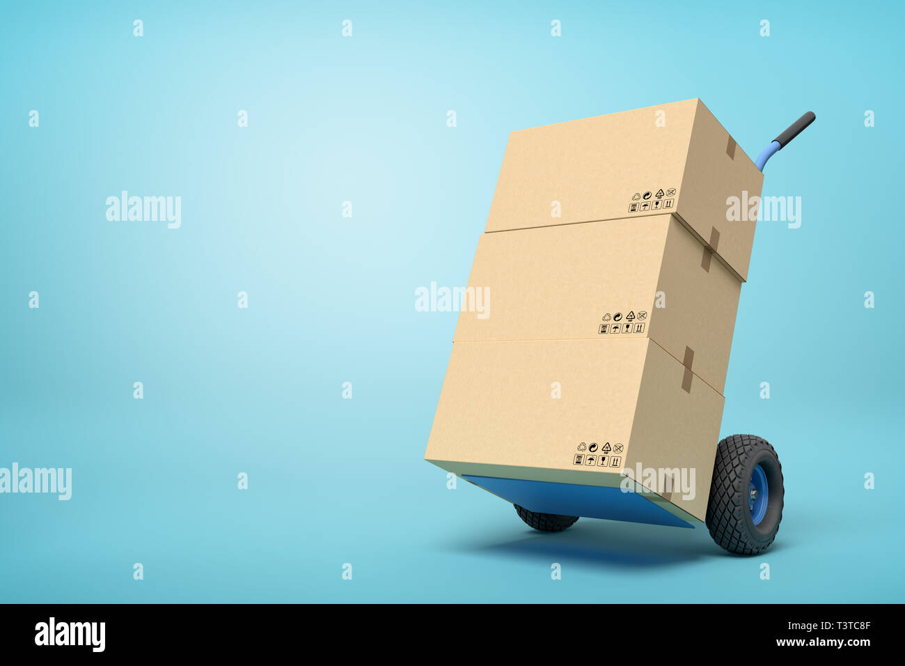 3d rendering of cardboard boxes on a hand truck on blue background Stock Photo