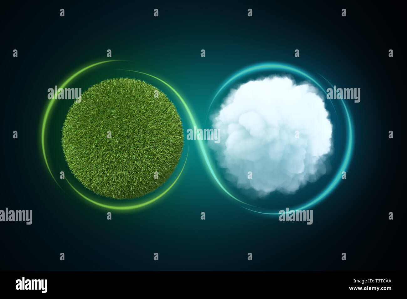 3d rendering of a sphere covered in green lawn next to a white round fluffy cloud with a light line traced around them forming the infinity sign. Stock Photo