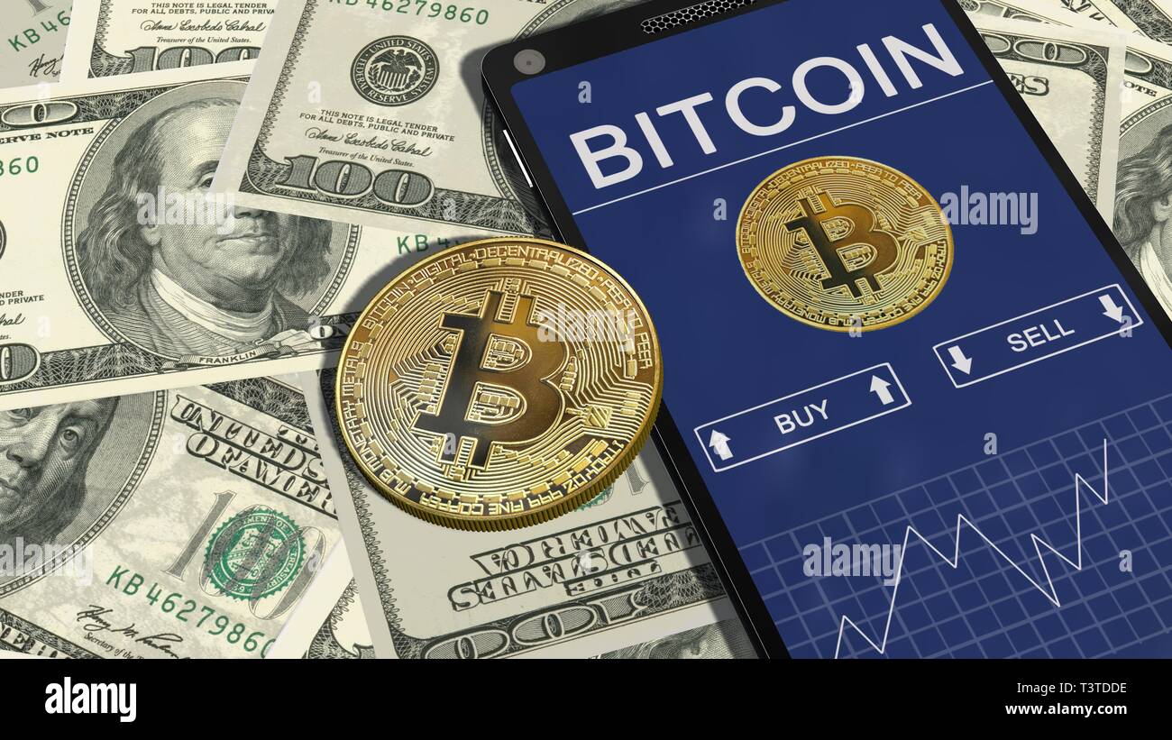 Smartphone with Bitcoin chart and golden bitcoins on 100 dollar bills.  Bitcoin trading concept Stock Photo - Alamy