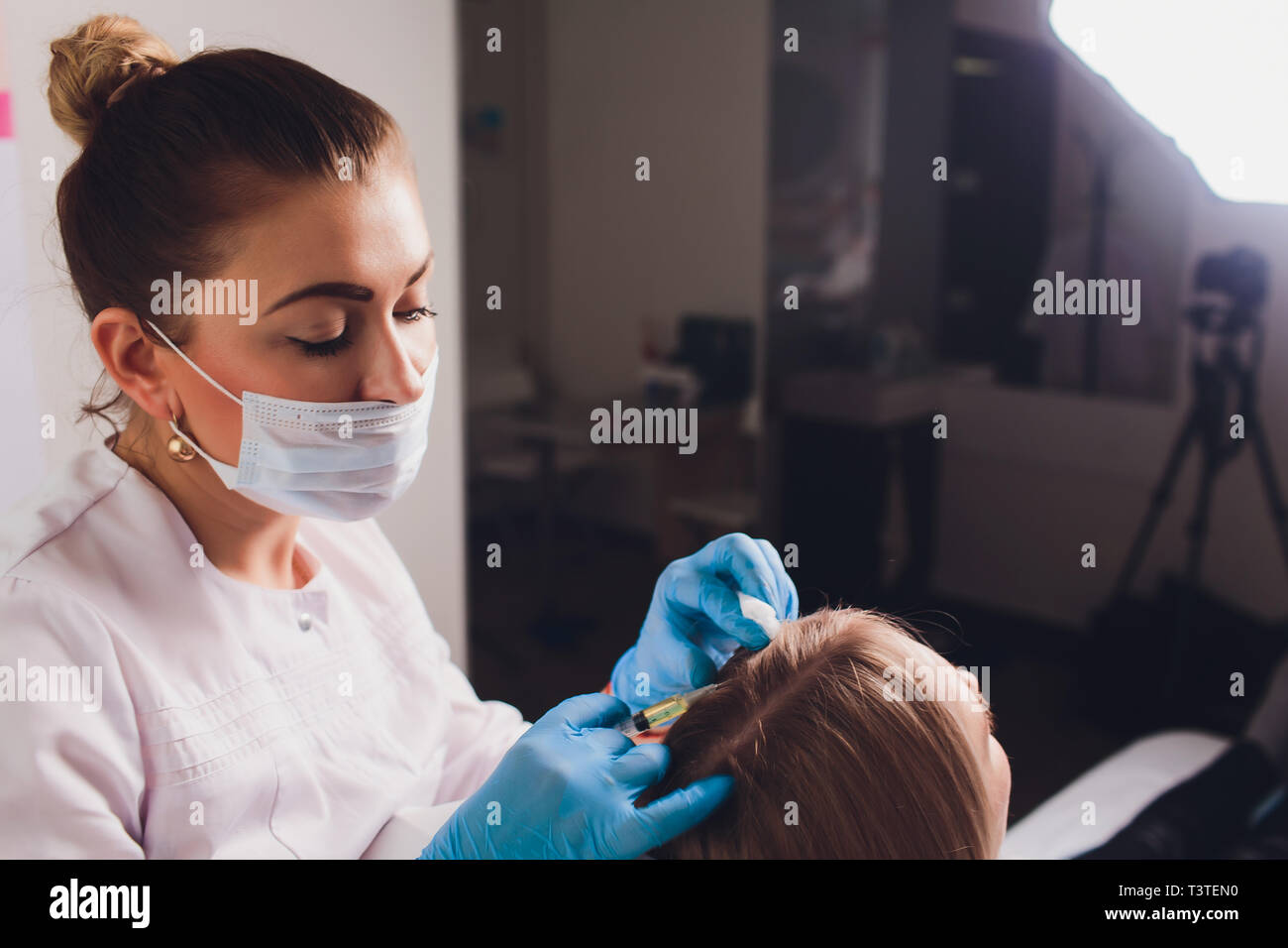 Platelet rich plasma injection procedure. Hair growth stimulation. PRP therapy process Stock