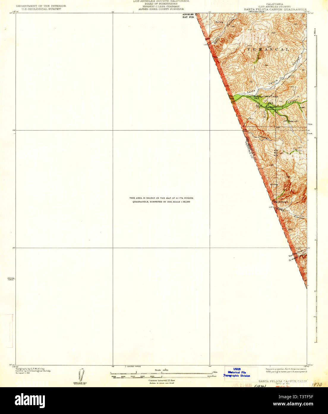 USGS TOPO Map California CA Santa Felicia Canyon 300262 1935 24000 Restoration Stock Photo