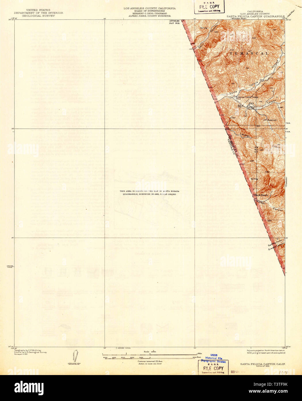 USGS TOPO Map California CA Santa Felicia Canyon 300263 1935 24000 Restoration Stock Photo