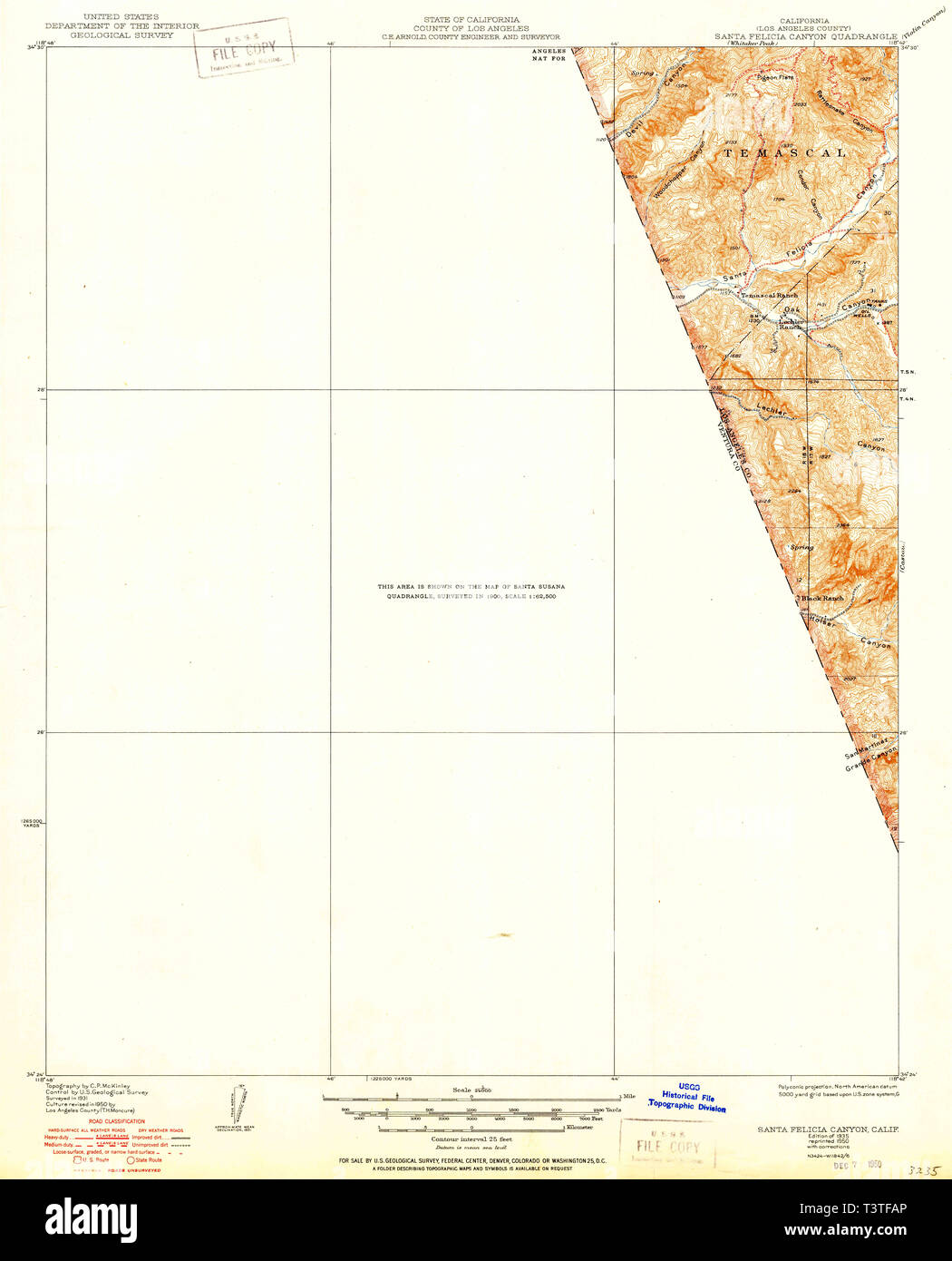 USGS TOPO Map California CA Santa Felicia Canyon 300264 1935 24000 Restoration Stock Photo