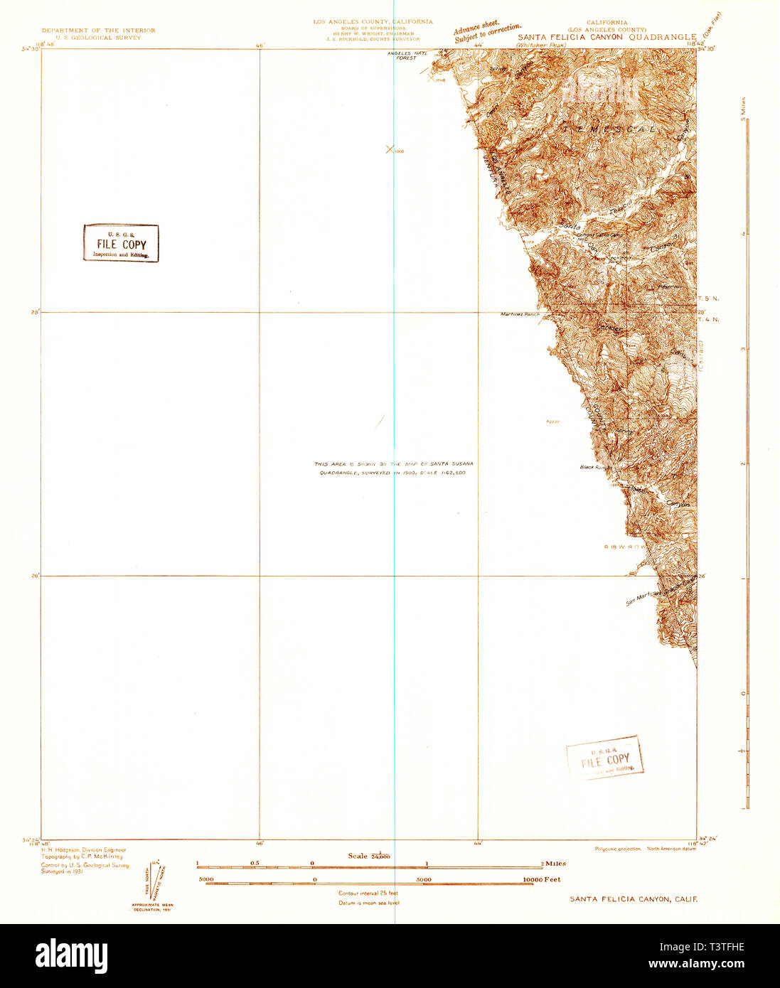 USGS TOPO Map California CA Santa Felicia Canyon 295078 1931 24000 Restoration Stock Photo