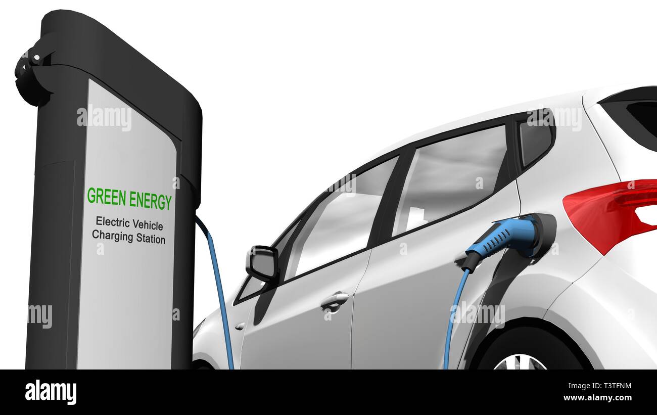 Electric car charging on charge station Electric car power supply for
