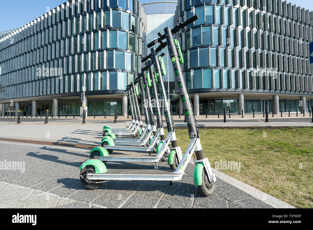 Warsaw, Poland. April, 2019.    some Electric scooters sharing on the streets of the city center Stock Photo